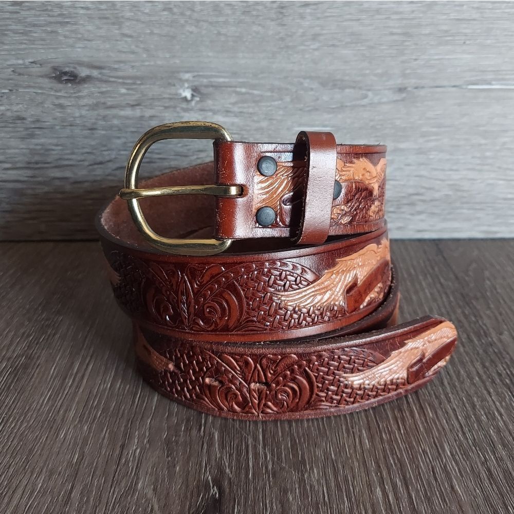 Brown Leather Eagle Tooled Belt 46